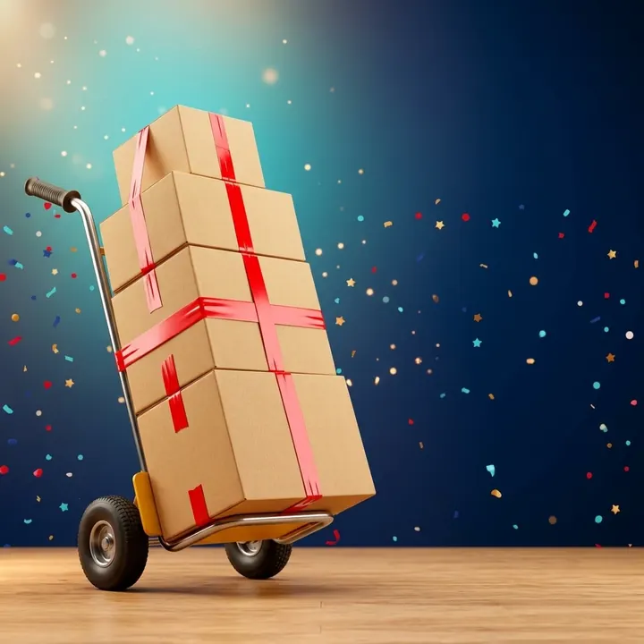 Qizil va toʻq koʻk ranglardagi sovgʻa qutilari va paketlar